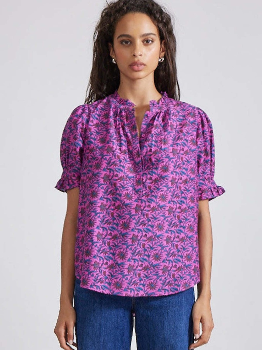 Apiece Apart Los Altos top in Fuchsia and Blue. Floral Short Sleeve Blouse